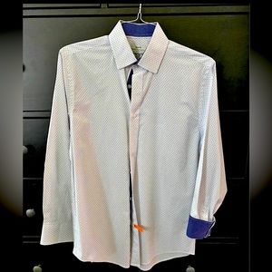 Jos A Bank Clothing Slim Fit Medium 15 1/2 x 33 Mens White and Blue Dress Shirt